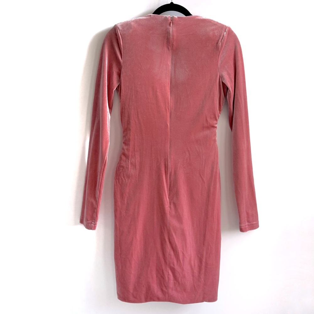 Miss Circle Velvet Velour Ruched Overlap Longsleeeve Mini Dress Salmon Pink - Picture 7 of 17